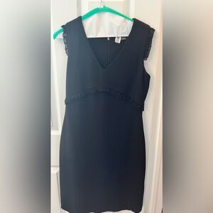 Karl Lagerfeld Black V-Neck Ruffle Trim Midi Sheath Dress